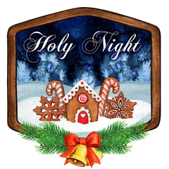 Watercolor wooden frame with bells holy night gingerbread in the snow