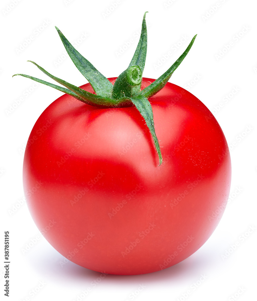 Poster One ripe red tomato with green leaf