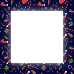 Greeting card with a frame with red Santa Clause hats, Christmas tree fir branches, anise star, cinnamon stick, candy cane and cone for New year presents on the blue background