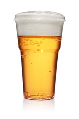 Yellow beer in a plastic disposable cup.