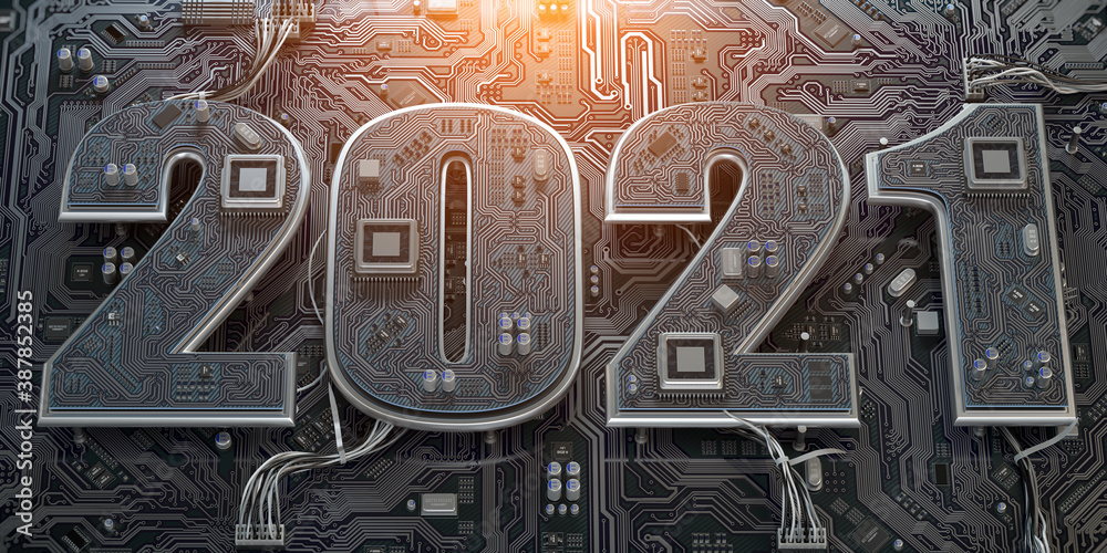 Poster New 2021 year in computer technology and internet commucations industry concept. Motherboard chipset with number 2021.