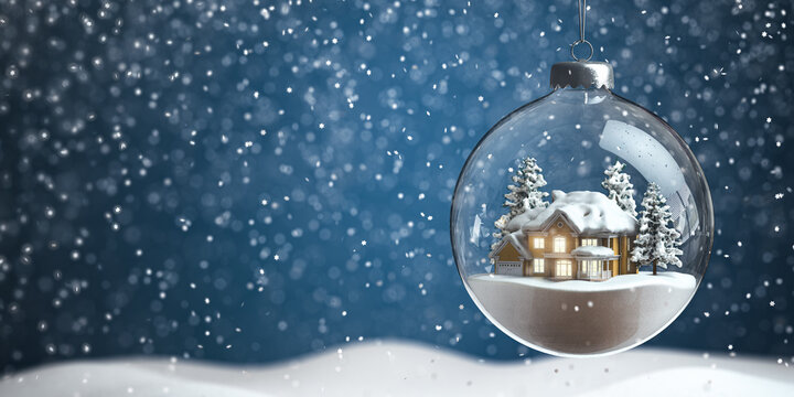 Christmas snow ball with house inside it and snowfall.