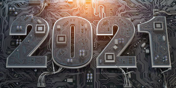 New 2021 Year In Computer Technology And Internet Commucations Industry Concept. Motherboard Chipset With Number 2021.