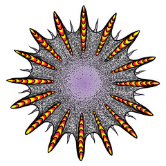 Novel coronavirus COVID-19 art drawing. Pathogenic organism with DNA or RNA in the middle. Infectious agent, flu contamination, air pollution, dust, airborne pollen allergen particles. Vector.