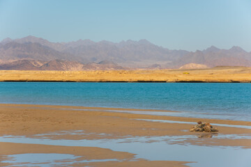 Desert landscape and salt lake in national park Ras Mohammed, Sinai, Egypt.