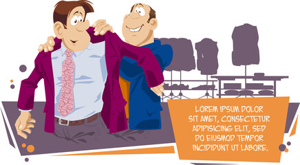 Fitting in atelier. Businessman trying on suit. Man helps to dress friend.