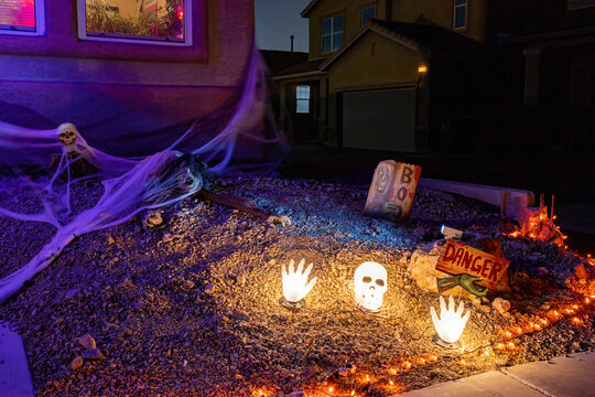 Night View Of A Beautiful Halloween Decoration House