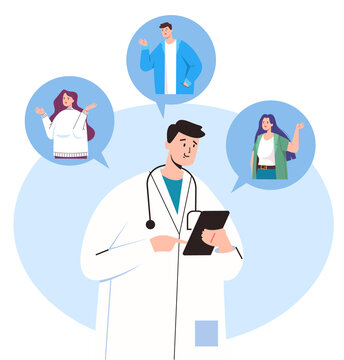 Online doctor consulting patients by phone. Vector flat graphic design illustration