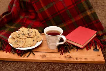Fresh homemade warm comforting chocolate chip cookies ready to eat and enjoy with cozy mug of tea and relaxing with a book on a cold winter afternoon