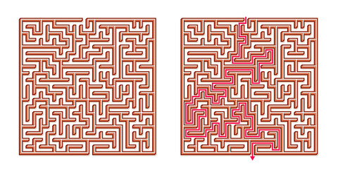 Vector 3D / Isometric Easy Square Maze - Labyrinth with Included Solution. Funny & Educational Mind Game for Coordination, Problems Solving, Decision Making Skills Test.