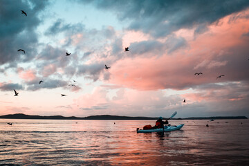 Fototapeta premium sunset sea kayaker with birds