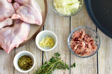 Fresh whole ingredients measured, chopped and ready to saute and simmer to make delicious homemade family chicken and rice casserole dinner