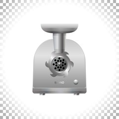 Electric meat grinder on transparent background. Front view of silver mincing machine. Kitchen utensil and electrical household appliance. Vector illustration.