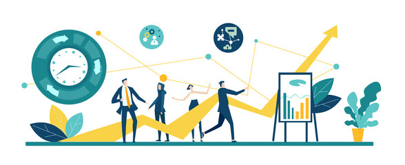 Application developing team works. Workspace with business people sitting by desk, working together, discussing, negotiating the deal, solving problems. Contemporary management concept business.