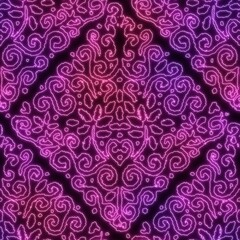 Neon light on black damask seamless repeat pattern. High quality illustration. Funky nightlife retro revival design. Futuristic dramatic glow lighting. 