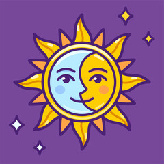 Cartoon half sun and moon face