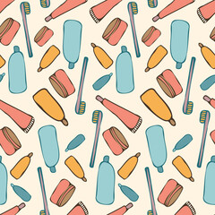 Seamless vector pattern vintage travelling design of travelling set of cosmetics in pastel
