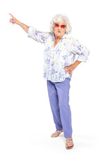 A senior elderly woman in a floral print blouse isolated on a white background.
