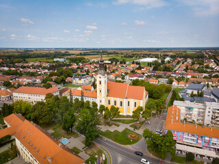 Virovitica, Croatia / 25th September 2020 : Church of st Rok and cityscape in Virovitica, drone...
