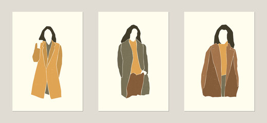 Vector set of flat minimalistic fashion woman silhouette. Autumn, winter or spring concept. Natural texture. Print for poster, card.