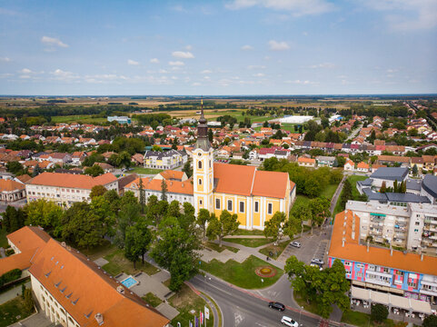 Fototapeta Virovitica, Croatia / 25th September 2020 : Church of st Rok and cityscape in Virovitica, drone aerial