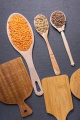 red, green, red lentils culinaris top view. Selective focus. vertical photo