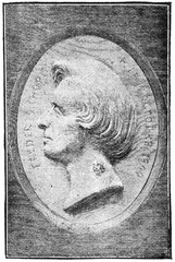 Bas-relief in the form of a medallion on the grave of Frederic Chopin in the Pere Lachaise Cemetery, Paris. Illustration of the 19th century. White background.