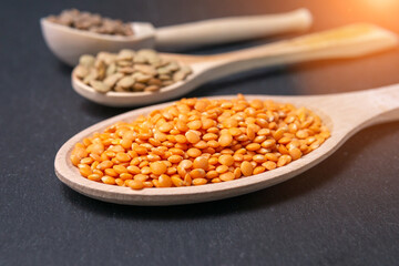 red, green, red lentils culinaris top view. Selective focus. vertical photo