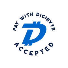 Digibyte logo. Digital asset concept. Pay with DGB accepted text. Crypto emblem. Blockchain technology sticker for printing. Stock tech illustration isolated on white background.
