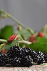 Healthy fruits. Fresh blackberries on rustic wooden background. Detail.