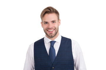 Happy handsome business manager smile with healthy teeth isolated on white, dental