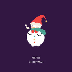 Cute freezing Snowman. Christmas greeting card, vector illustration