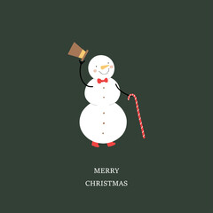 Snowman with candy stick and hat. Christmas greeting card, vector illustration