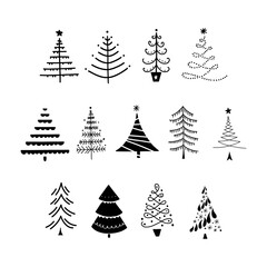 Christmas trees with decorations set. Holiday collection. Merry Christmas and Happy New Year. Vector illustration