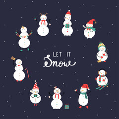 Cute Snowmen set with Let it snow quote. Christmas greeting card, vector illustration