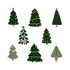 Christmas trees with decorations set. Holiday collection. Merry Christmas and Happy New Year. Vector illustration