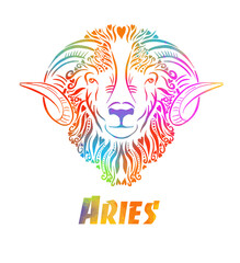 Zodiac signs - Aries colored . T-shirt print. Vector illustration. Mixed media