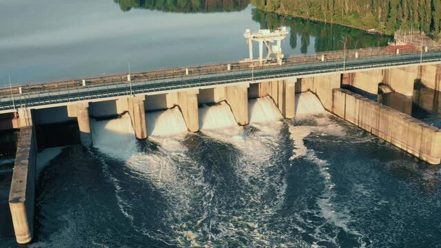 Hydroelectric dam, aerial view from drone.
