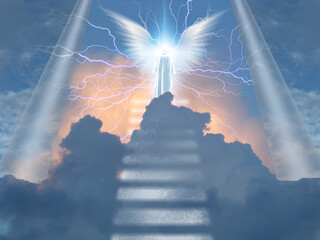 Angelic being atop stairway to heaven. 3D rendering