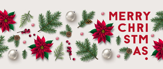 Christmas horizontal border made of pine-tree branches, poinsettia flowers, Christmas ornaments, fir cones and berries. Christmas postcard, header or profile cover.
