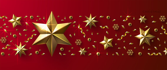 Christmas horizontal border made of gold stars, beads and snowflakes. Christmas postcard, header or profile cover. 