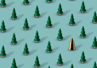 Christmas background with green wooden Christmas trees and one gold glass tree.