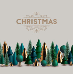 Christmas horizontal border made of green and gold wooden and glass Christmas trees.