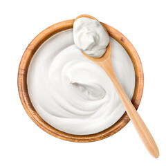 sour cream in wooden bowl and spoon, mayonnaise, yogurt, isolated on white background, clipping...