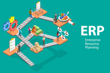 3D Isometric Flat Vector Conceptual Illustration of ERP - Enterprise Resource Planning, Integrated Management of Main Business Processes.