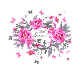 Beautiful floral frame with pink flowers. With love. Vector illustration