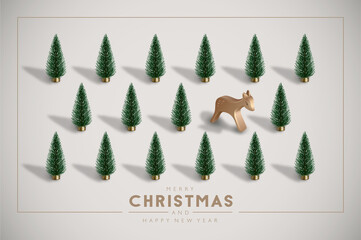 Minimalist Vintage Christmas postcard with plastic Christmas trees and wooden toy deer