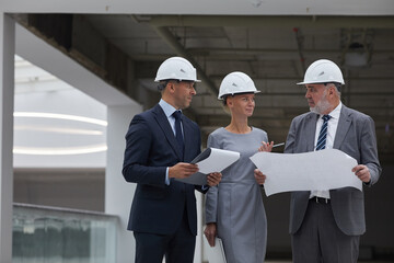 Waist up portrait of three successful business people wearing hardhats and holding plans while...