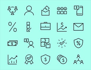 Set of business vector line icons. It contains user symbols, dollar pictograms, gears, briefcase, puzzles,