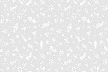 Vector Christmas background with hand drawn spruce branches, Holly, berries and snowflakes.